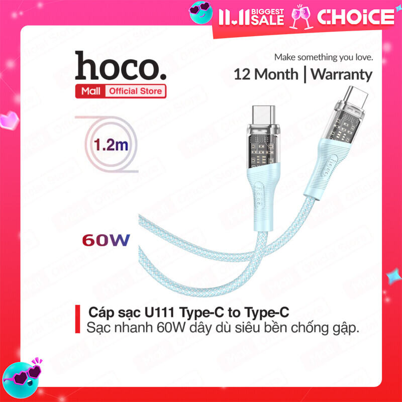 Cáp sạc nhanh Hoco Type-C to Type-C  U111 dài 1.2m dây dù chống gập siêu bền