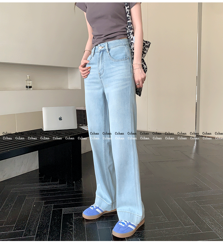 Out of Print Contraction Trouser ~ Glacier Blue Straight-leg Narrow Version Denim Women's Summer Thin High Waist Loose Mop Wide-Leg Pants