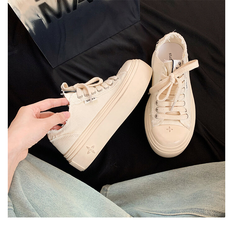 Women's Low Top round Toe Laced Canvas Shoes Thick Bottom Cross Pattern White Sneakers Worn in Dirty Looking Shoes · v11