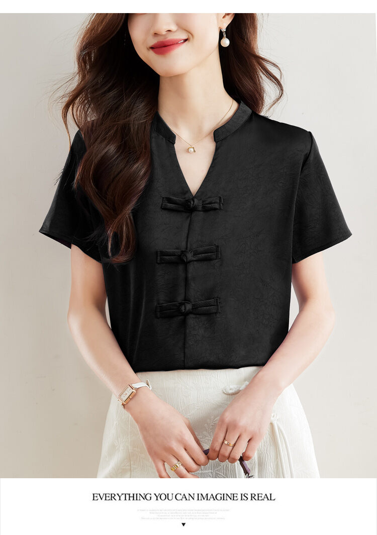 New Chinese Style Short Sleeve Shirt Women Summer 2025 New Fashion Black Embroidered Top Ladies Small Shirt Upper Body