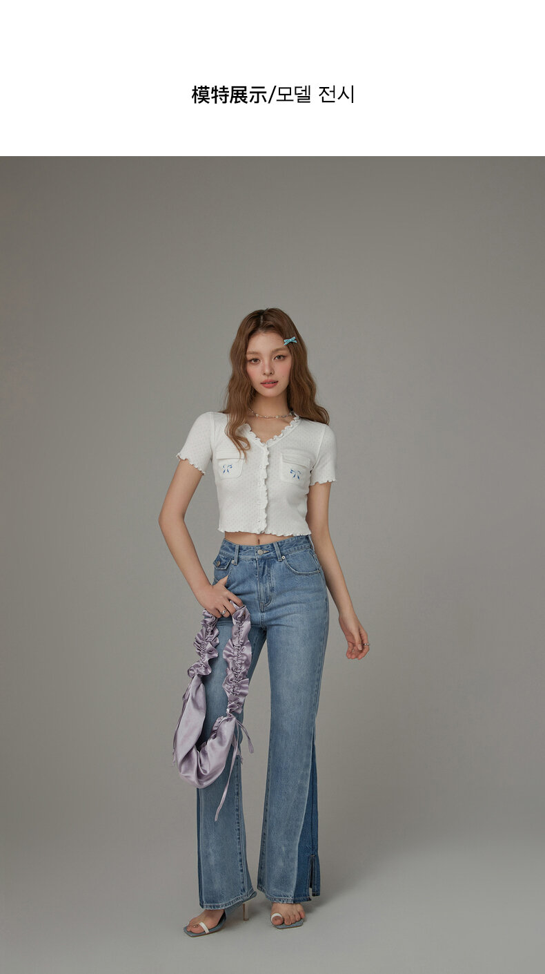 Chuu Butterfly Knot Embroidery Short Sleeve T-Shirt Women's New Summer Spicy Hollow out Ear Short Top Korean Style Cotton V-neck