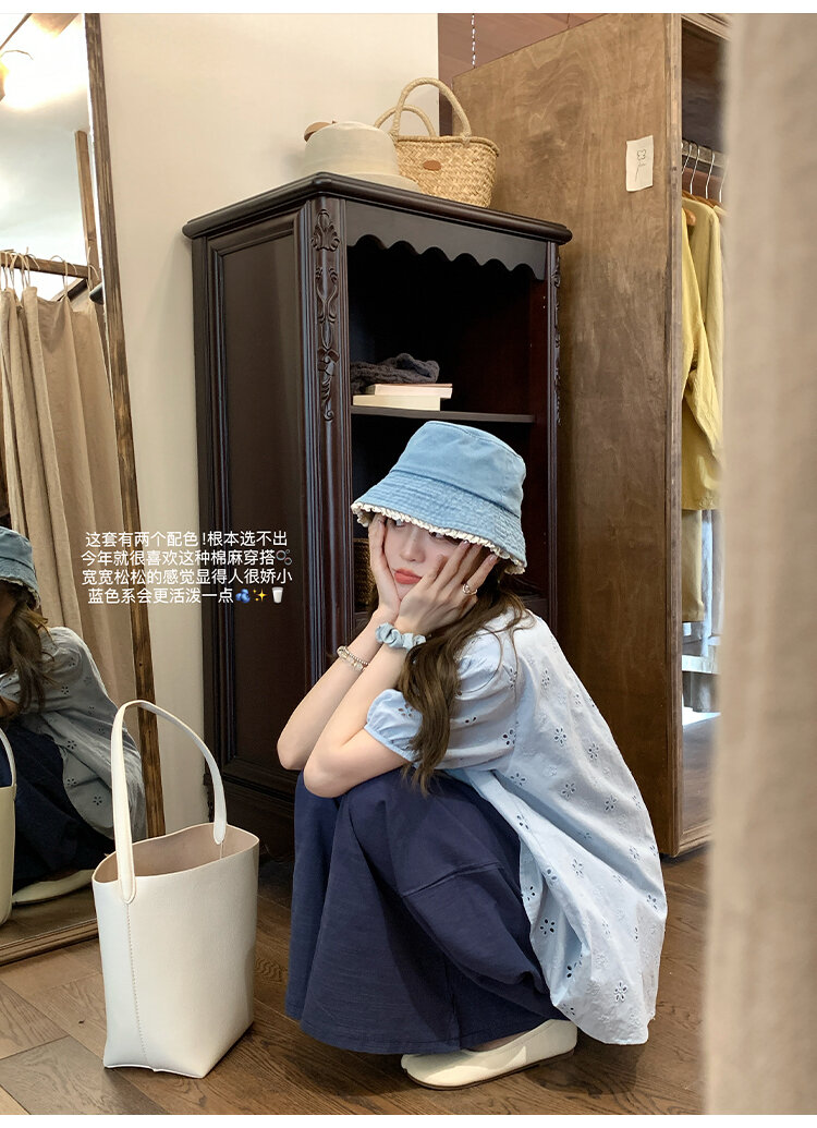 FF BLUE Summer Sunlight Cotton Embroidered Shirt Loose Short Sleeve Women's Casual Style round Neck Casual Fit Short Sleeve Top