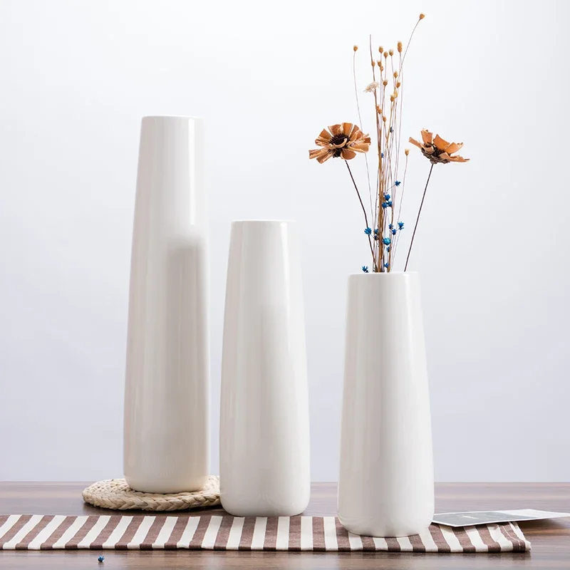 Tapered Ceramic Vase Slender Height Table Vase Water-Filled Modern Simple White Living Room Vase