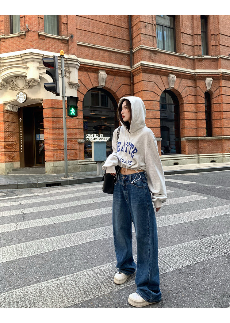 Chenmi Fan Blau Jeans mit hoher Taille und weitem Bein für Damen Herbst Neu Locker lässige gerade Hosen Hoch aussehende lange Hosen