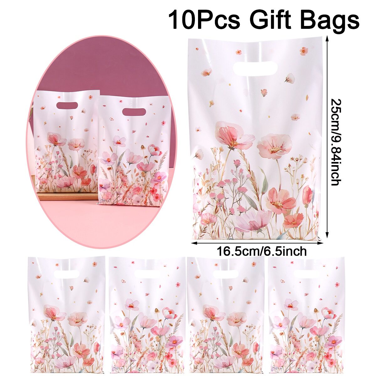 10/20/50pcs Spring Wildflowers Plastic Gift Bags Floral Grass Butterfly Design Handheld Bag for Wedding Mothers Day Birthday