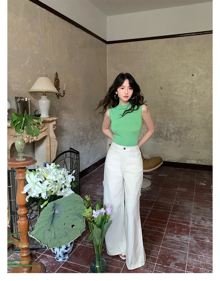 Wine Noon [Xixi] Hong Kong Style Retro Autumn High Waist Slim-Fit Wide-Legged Pants Micro-La Mop Pants White Denim Female · v2