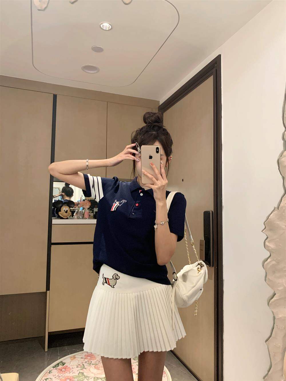 TB Thom Women's Summer Short Sleeve T-shirt with Embroidered Dog Cartoon and POLO Collar Slim Fit Regular Thickness for 18-24 Years Old