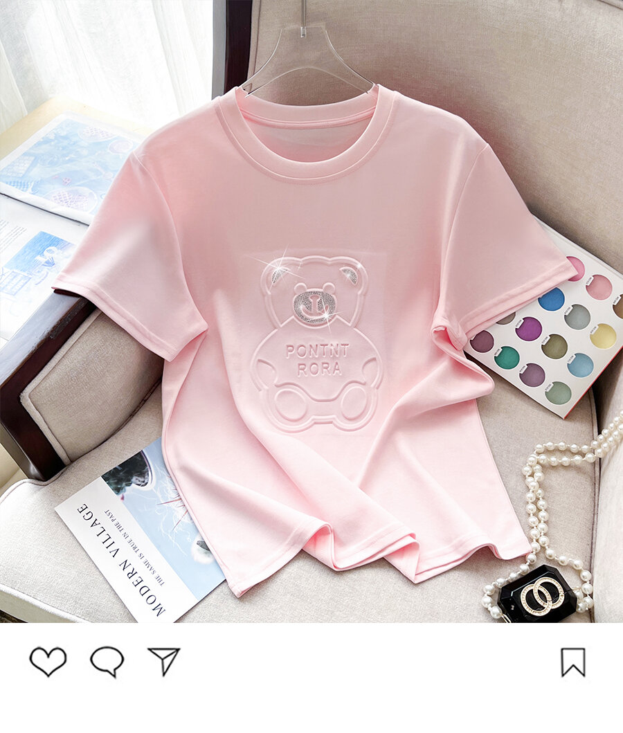 Summer New Pure Cotton Short Sleeve T-Shirt Women's Cartoon 3D Bear Heavy-duty Rhinestone Loose Half Sleeve Simple Trendy