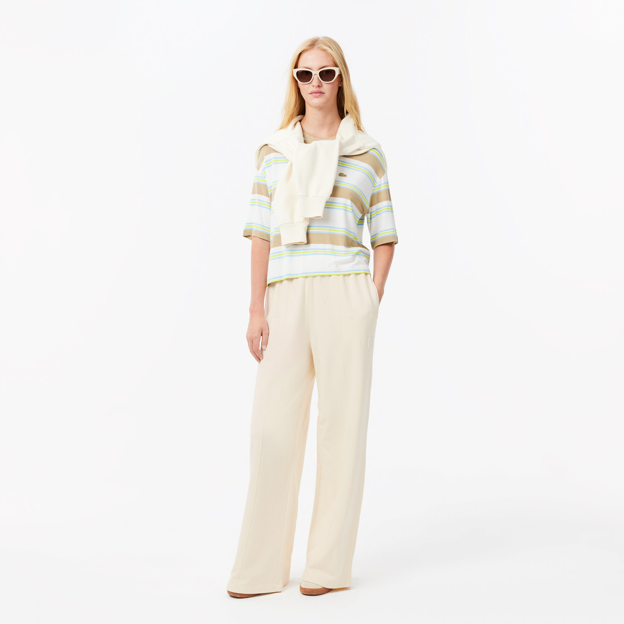 Lacoste Women's Wide Leg Badge Track Pants - Lifestyle ( Beige / White ) - XF2657. 