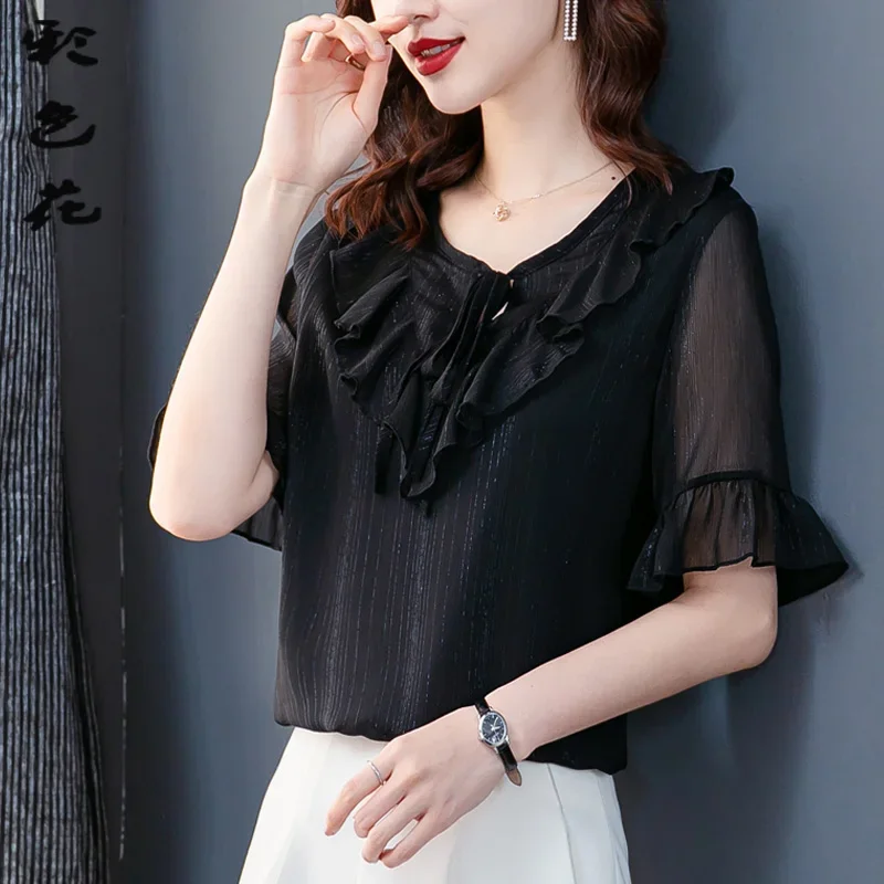 2021summer New Large Size Women's Clothing Belly-Covering Slimming Top Women's Western Style Small Blouse Short Sleeve Ruffled Chiffon Shirt