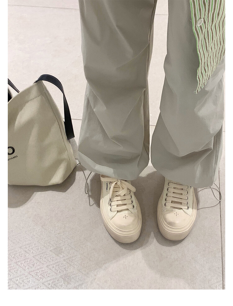 Women's Low Top round Toe Laced Canvas Shoes Thick Bottom Cross Pattern White Sneakers Worn in Dirty Looking Shoes · v11