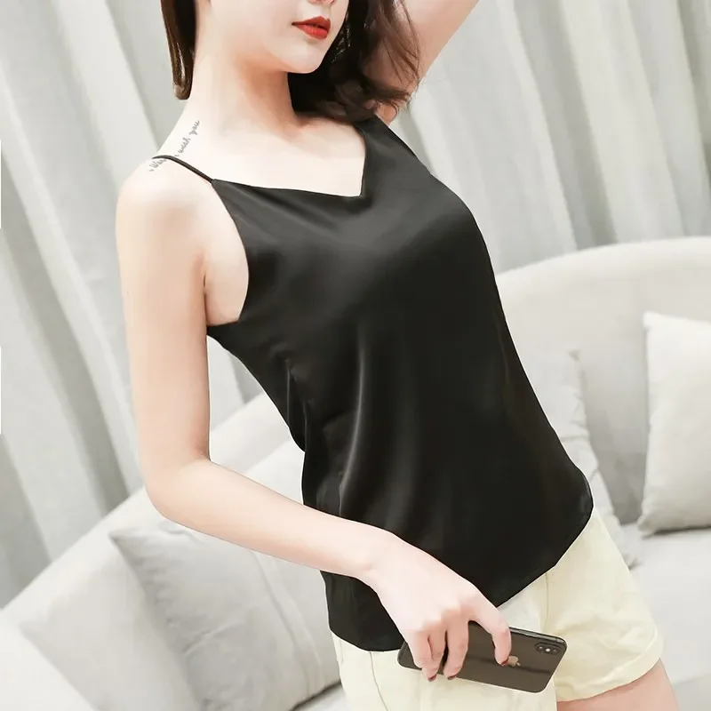 V-neck Camisole Female Silk Satin Summer Tops Outer Wear Base Shirt Black Large Size Ice Suit Underwear