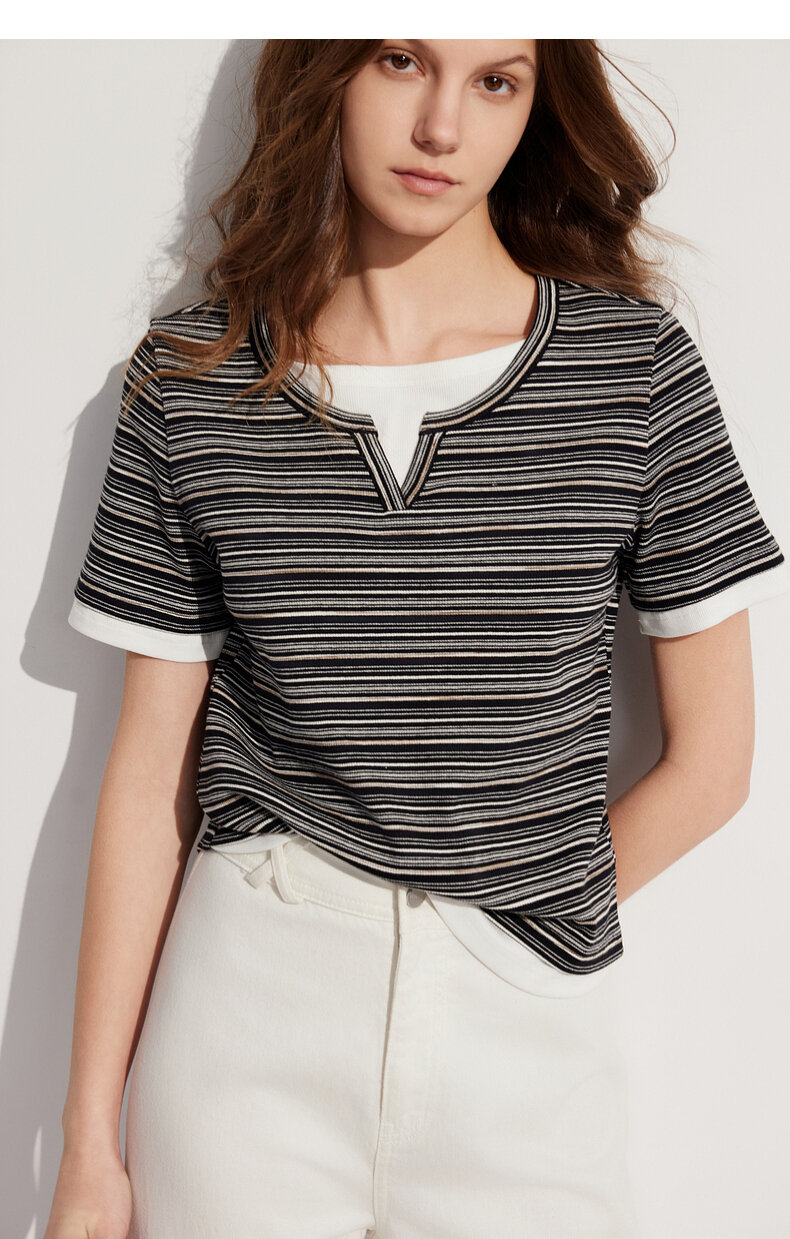 ELLE French Design Splice Color Striped Short Sleeve T-shirt for Women Simple Casual Summer 2024 New Arrival