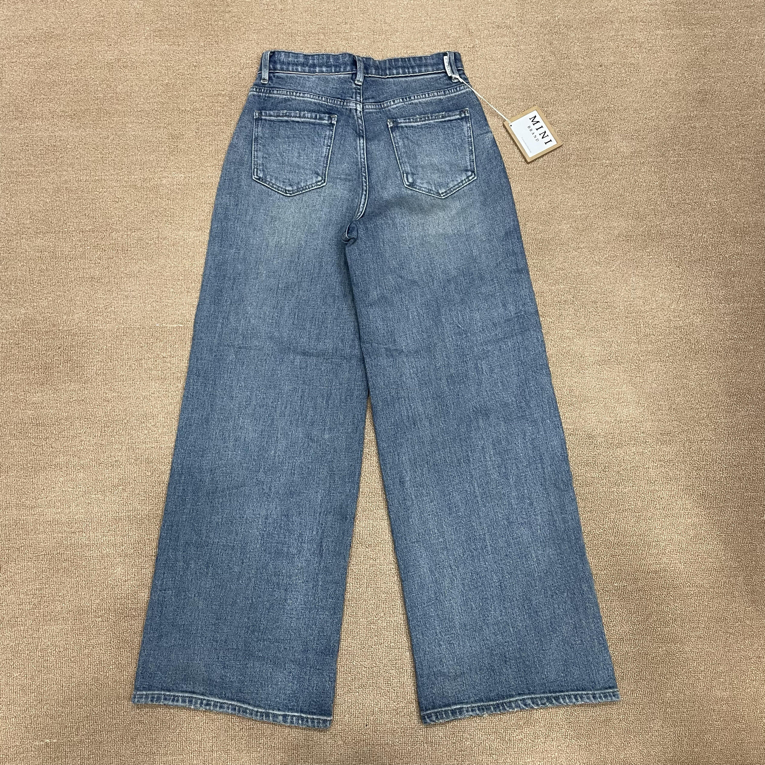 MiniJeans blu nuovi di zecca con elastico a vita alta elasticizzati a gamba larga dal taglio dritto che allungano le gambe e nascondono pantaloni di carne