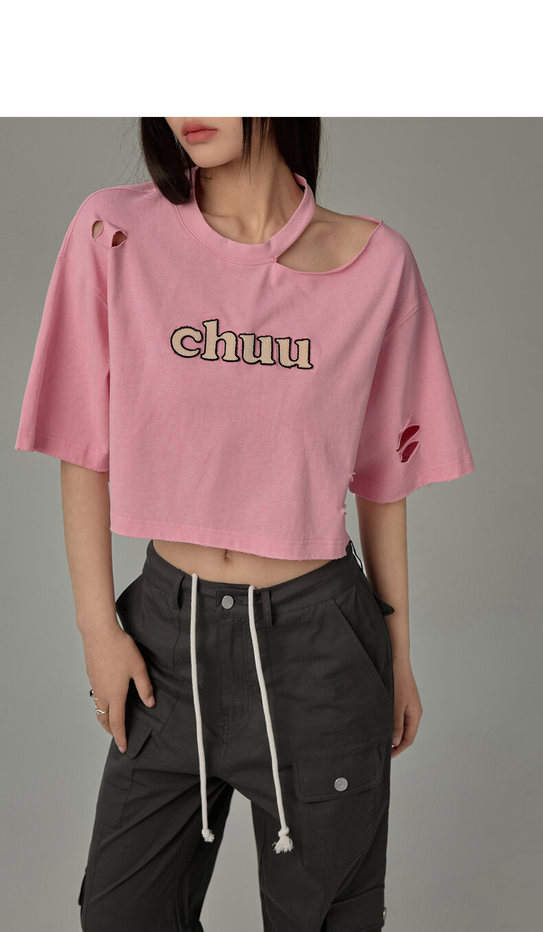 Chuu Letter Patch Embroidery Hole T-Shirt Women's Summer New Basic School Hollow out Shoulder Loose Top Asymmetrical Korean Style Cotton Polyester · v2