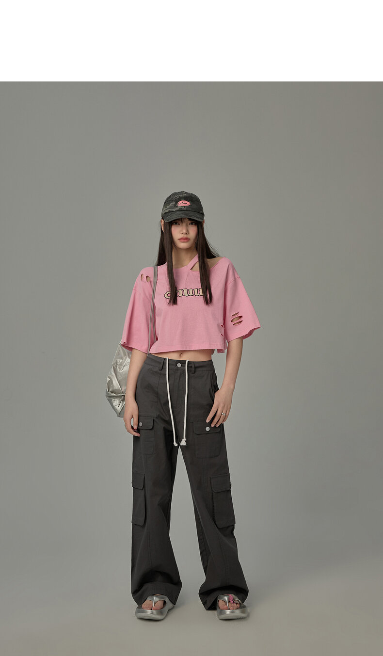 Chuu Letter Patch Embroidery Hole T-Shirt Women's Summer New Basic School Hollow out Shoulder Loose Top Asymmetrical Korean Style Cotton Polyester · v2