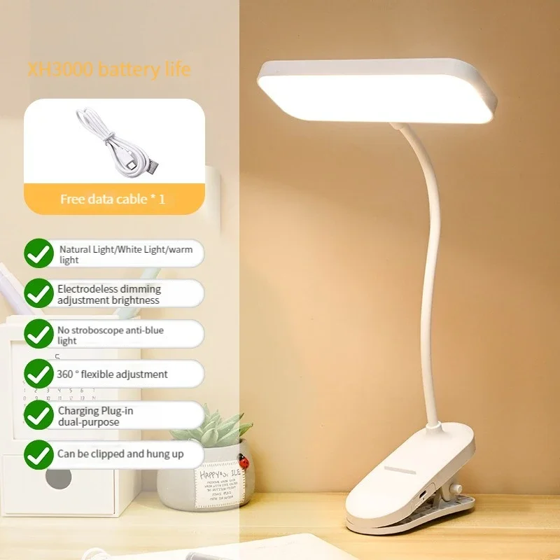 Clip-On Desk Lamp with Eye Care USB Rechargeable & Plug-in Dimmable LED Light Adjustable Study Lamp for College Dorm Bedroom