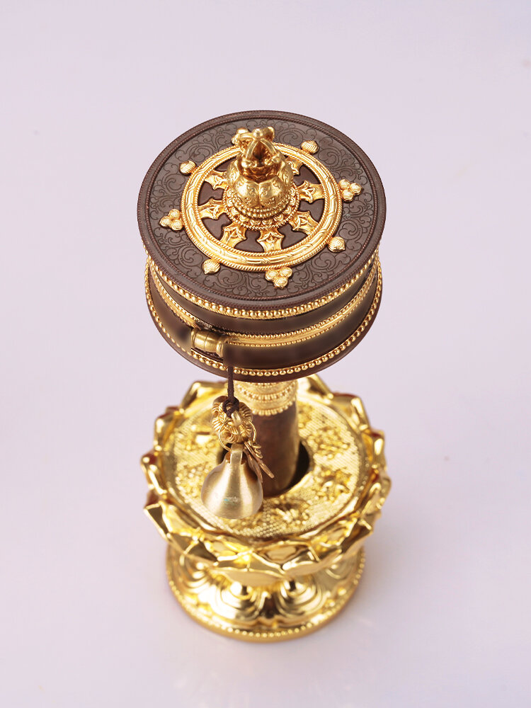 Tibetan Buddhist Lotus Master Pray Hand-held Prayer Wheel Bronze Carved Ornament