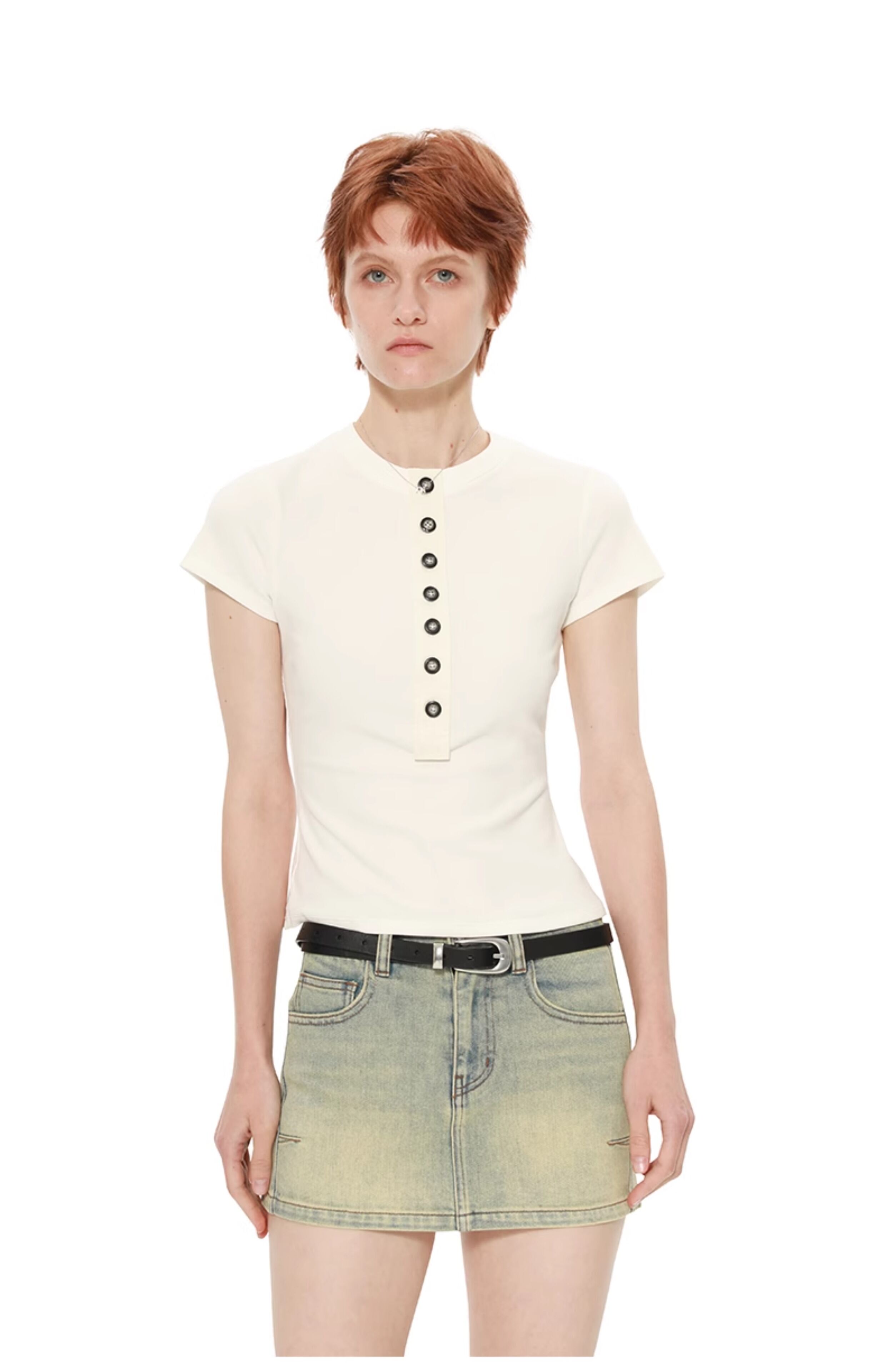 TROU NOIR Spring Summer New Style Women's Slim Fit White T-Shirt Henry Collar Short Sleeve Base Shirt round Neck Commute Simple · v3