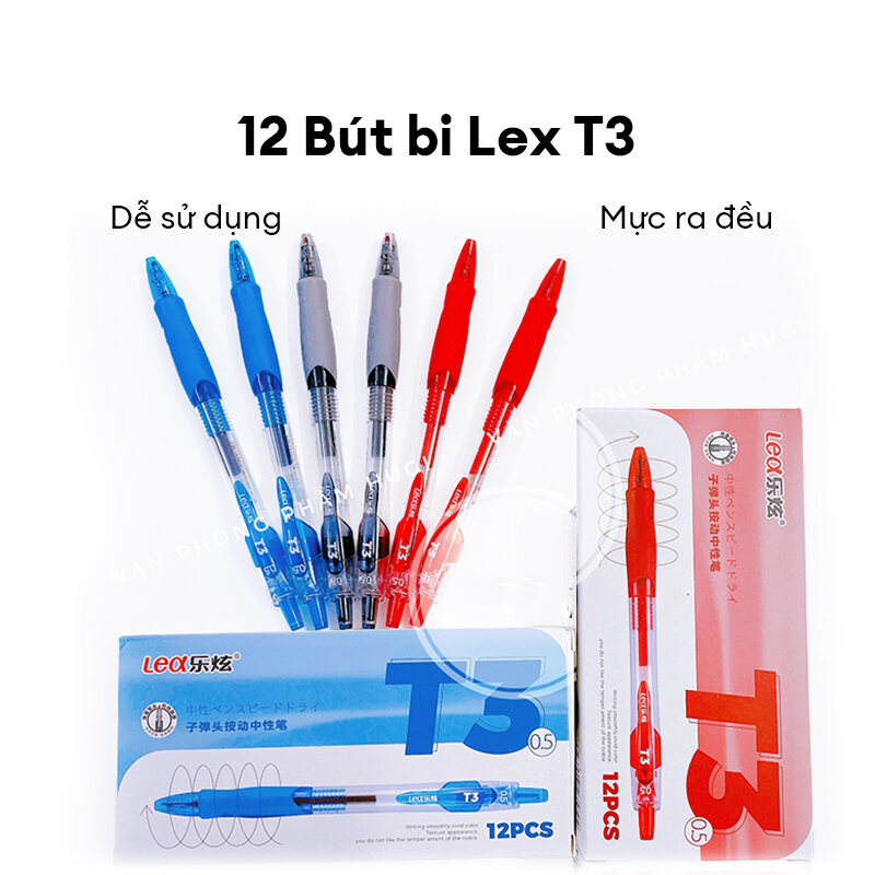 Hộp 12 Cây Bút Bi Đầu Bấm LEX T3 (Loại tốt) ngòi 0.5mm mực Xanh/Tím/Đỏ/Đen