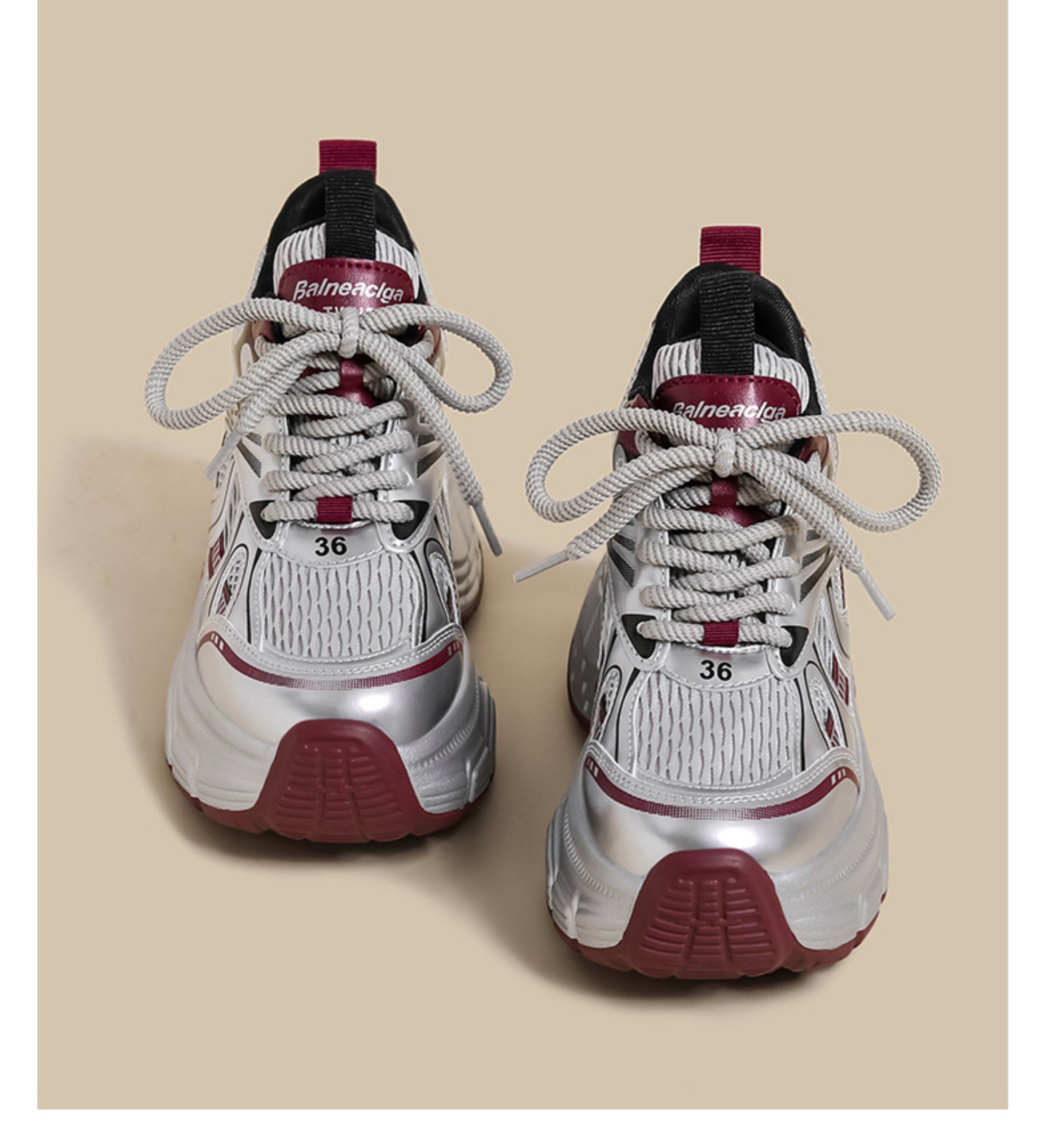 Women's Sport Shoes Casual Thick Bottom Net Surface Heightening Silver Color Spring New Style Fashionable round Head Rubber Outsole · v27