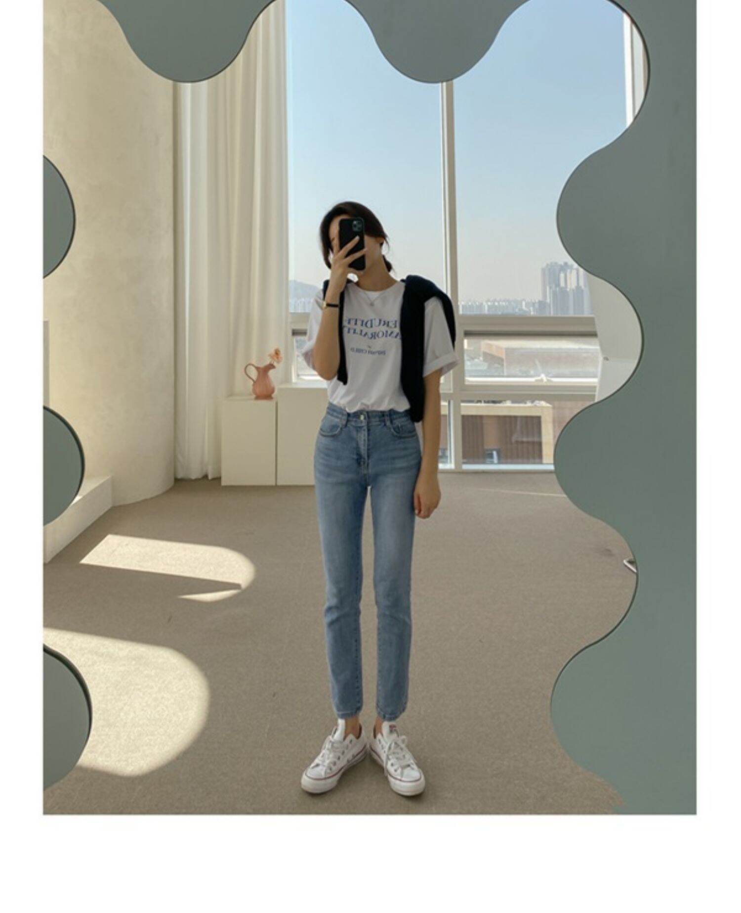 Light Blue High Waist Straight Leg Jeans Women's Slimming Elastic Cotton Stretch Denim Pants Spring Autumn Winter Fashion · v2