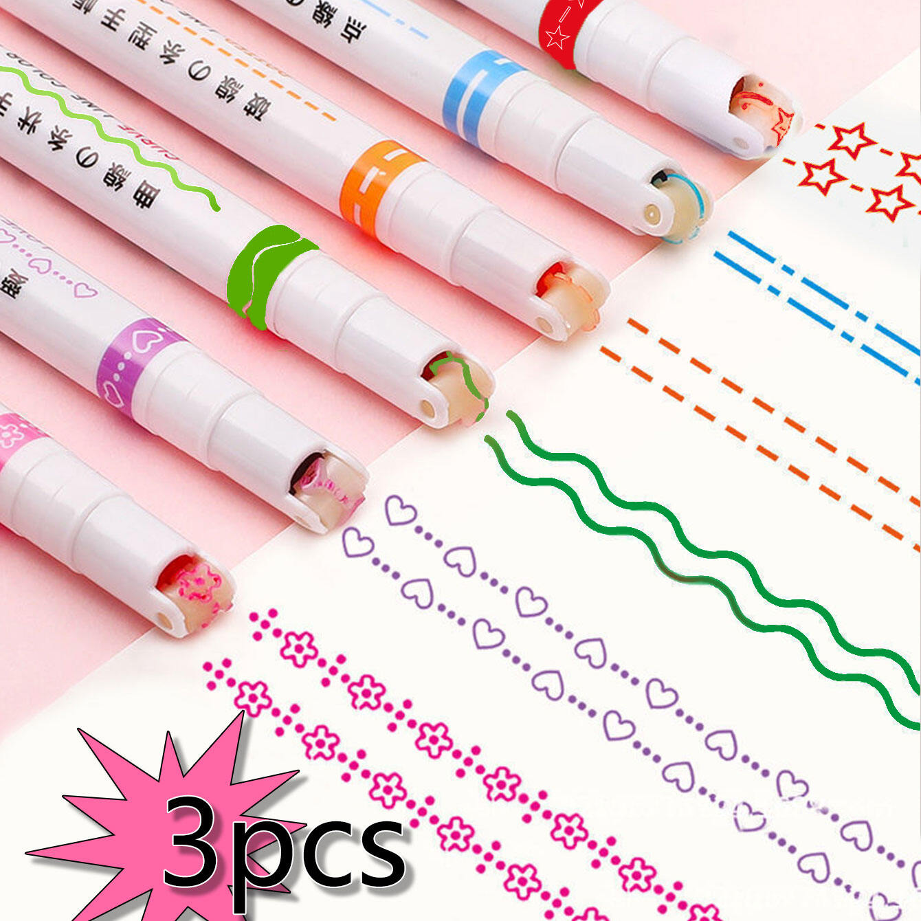 3pcs/box Multi-Colored Double Line Pattern Marker Pens - Quick Dry Notes & Highlighters For Hand Copying & Journaling Christmas、Halloween、Thanksgiving Gift