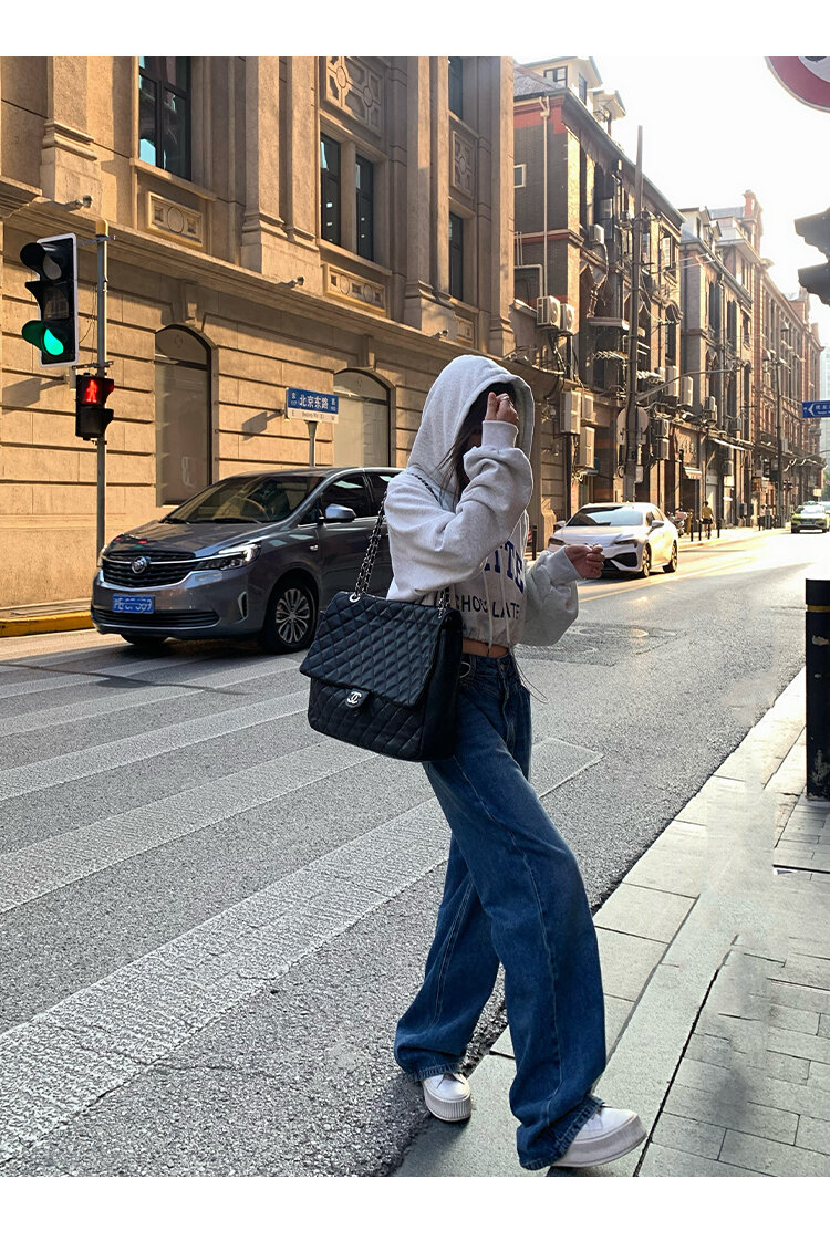 Chenmi Fan Blau Jeans mit hoher Taille und weitem Bein für Damen Herbst Neu Locker lässige gerade Hosen Hoch aussehende lange Hosen