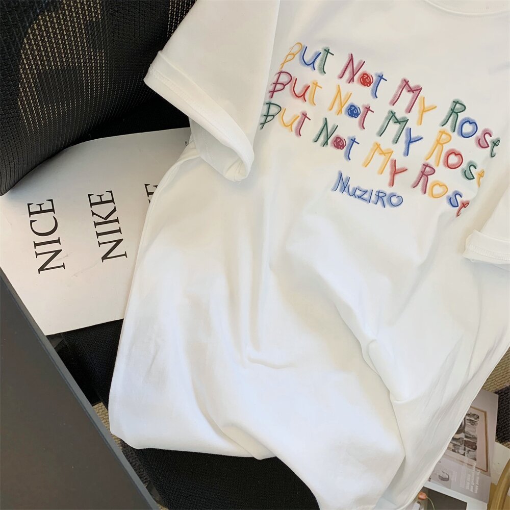 Kor-anya Colorful Letter Print White Short Sleeve Women's T-shirt Summer Loose Slimming Pure Cotton Half Sleeve Body Top · v2