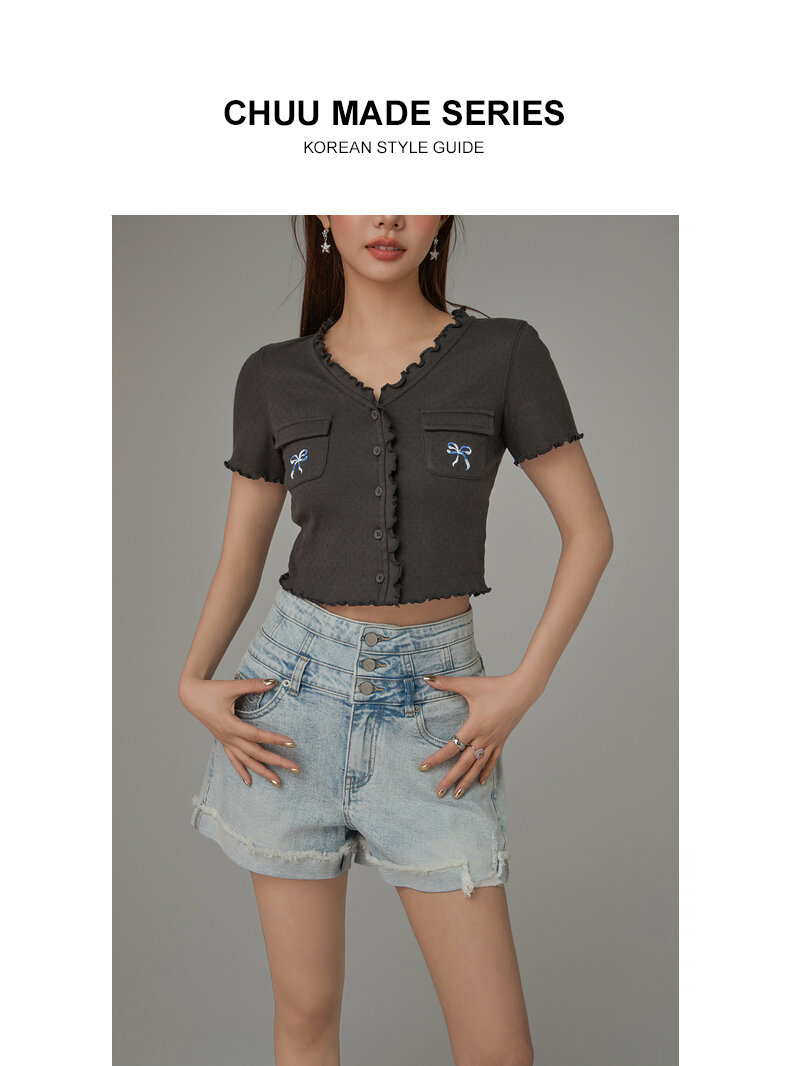 Chuu Butterfly Knot Embroidery Short Sleeve T-Shirt Women's New Summer Spicy Hollow out Ear Short Top Korean Style Cotton V-neck