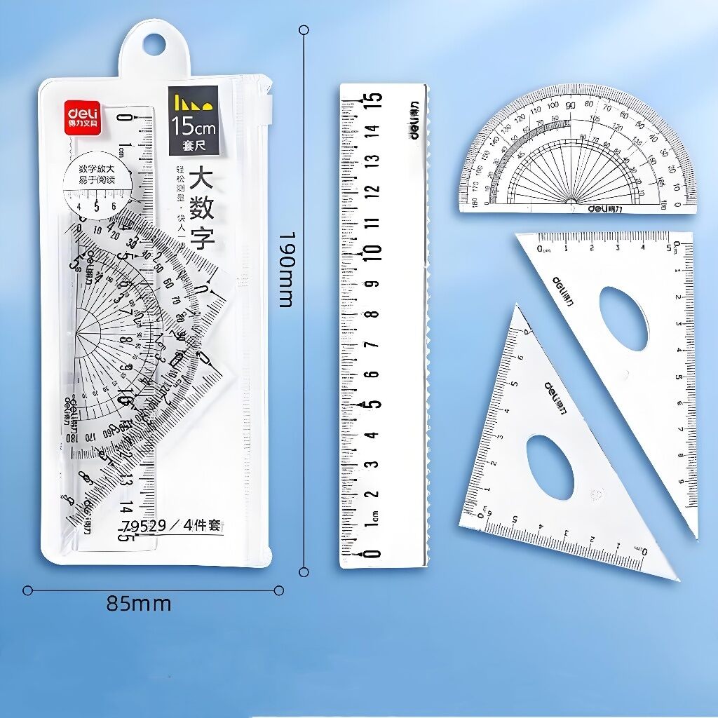 deli | DELI Transparent Geometry Set 4 PCS Math Drawing Tools with Ruler Protractor Triangle Easy Read Measurement for Students School