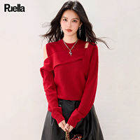Puella | Hollow-out Design Knitwear Red Long Sleeve Off-shoulder Top