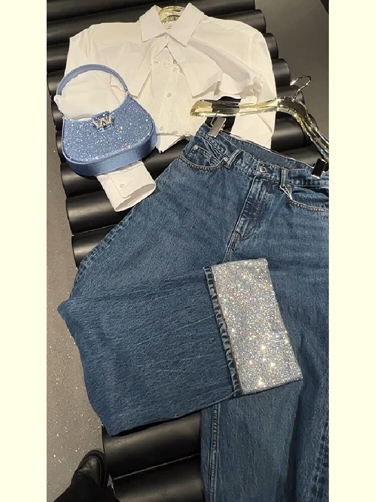 Summer Thin High Waist Silk Jeans Women's Turn-down Cuff Diamond Embellished Nine-point Straight Leg Pants Casual Long Trousers · v2