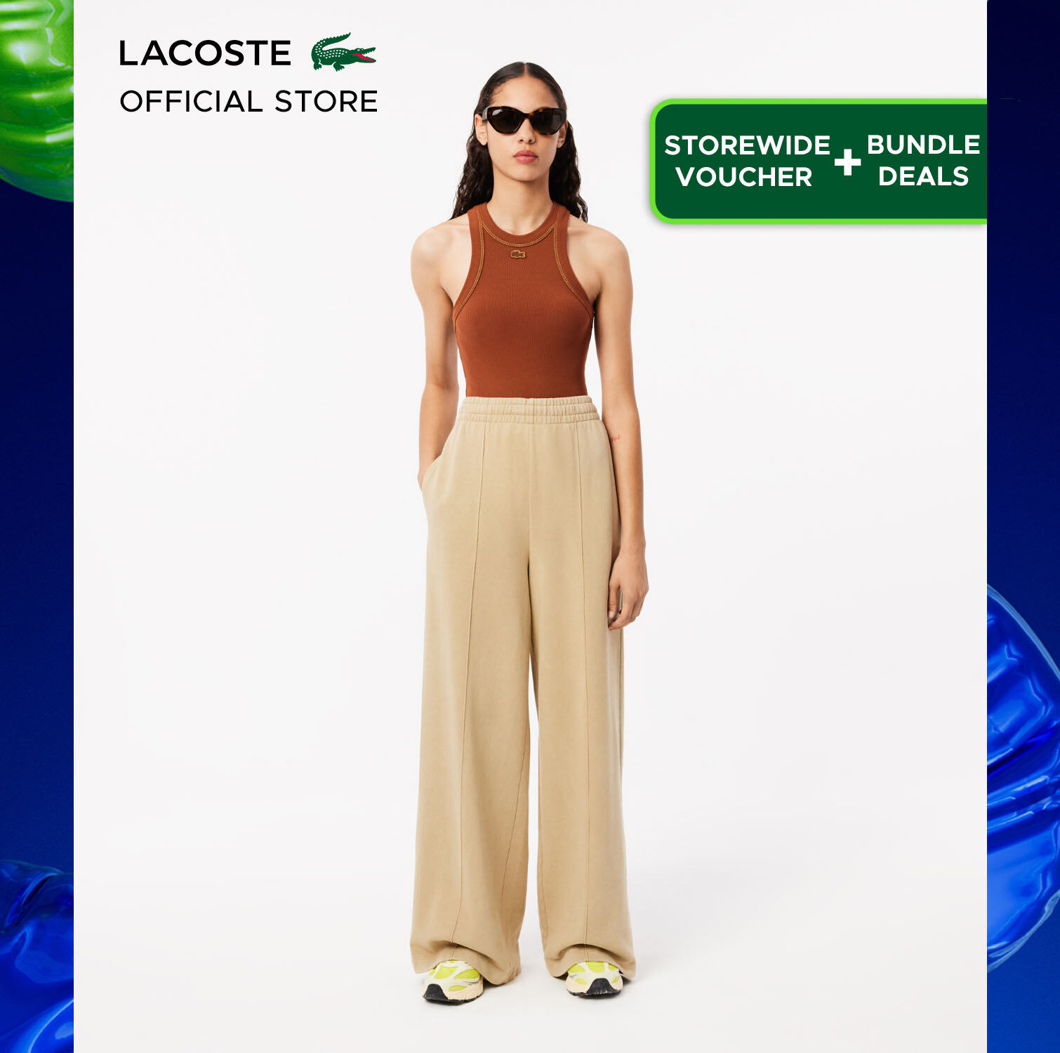 Lacoste Women's Wide Leg Badge Track Pants - Lifestyle ( Beige / White ) - XF2657