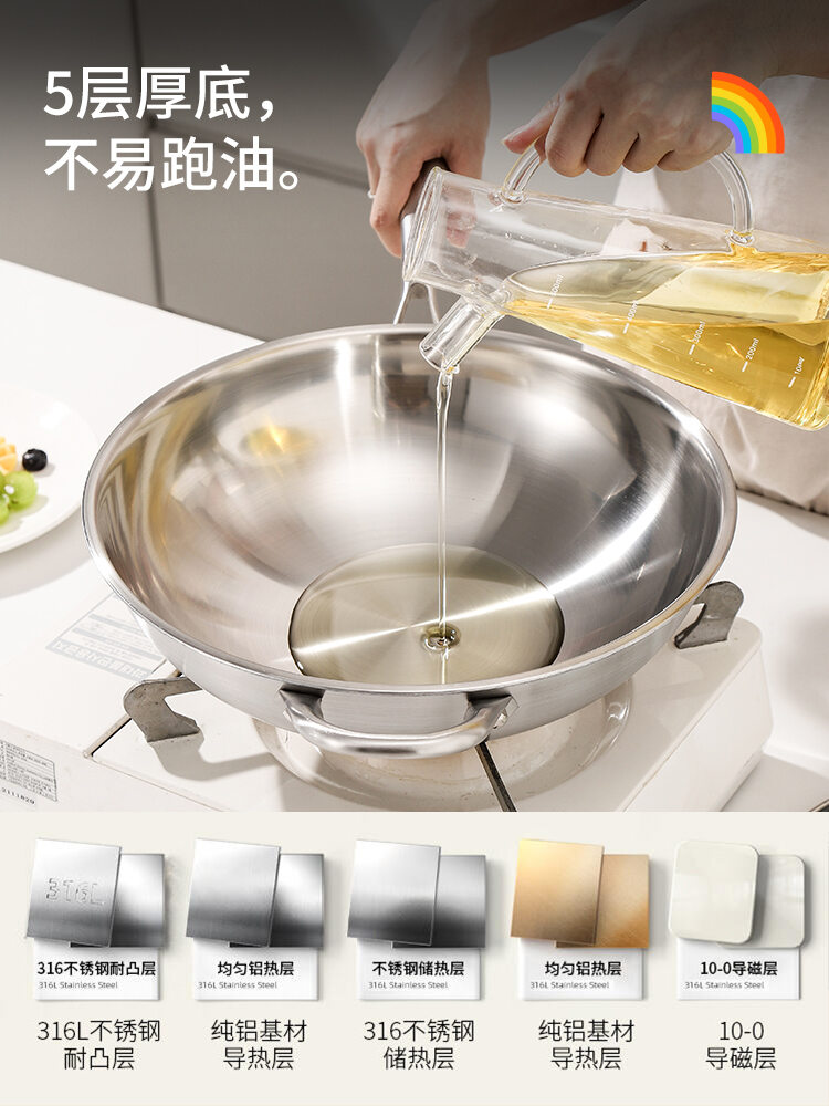 Stainless Steel Non-Stick Wok 316 No Oil Smoke Household Gas And Induction Cooktop Suitable Rust Resistant Easy to Clean Wok. 