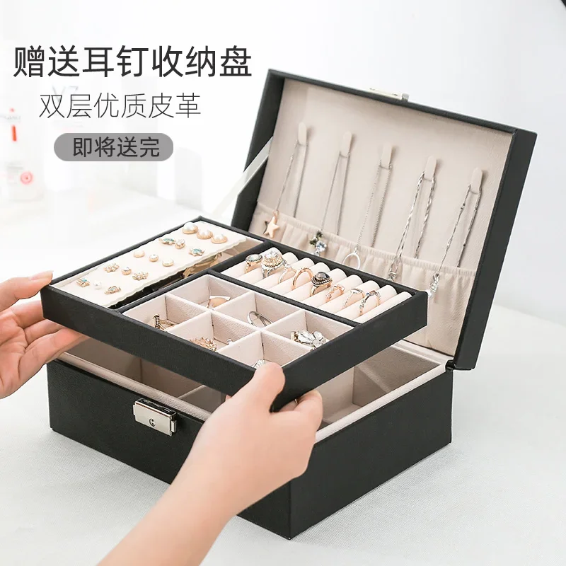 Jewelry Box with Lock Princess European Korean Style Wooden Jewelry Box Earrings Stud Simple Double-layer Storage Box