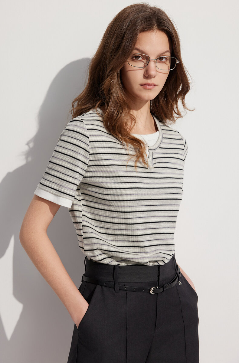 ELLE French Design Splice Color Striped Short Sleeve T-shirt for Women Simple Casual Summer 2024 New Arrival