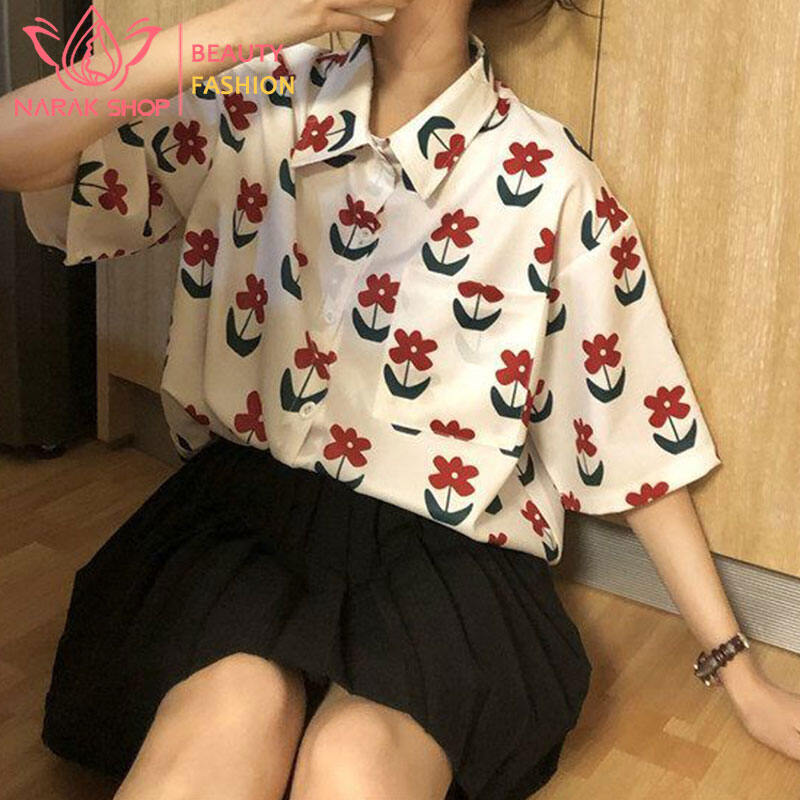 Summer fashion breathable cute red floral loose collar shirt short sleeve ราคา 140 บาท*ส่งฟรี