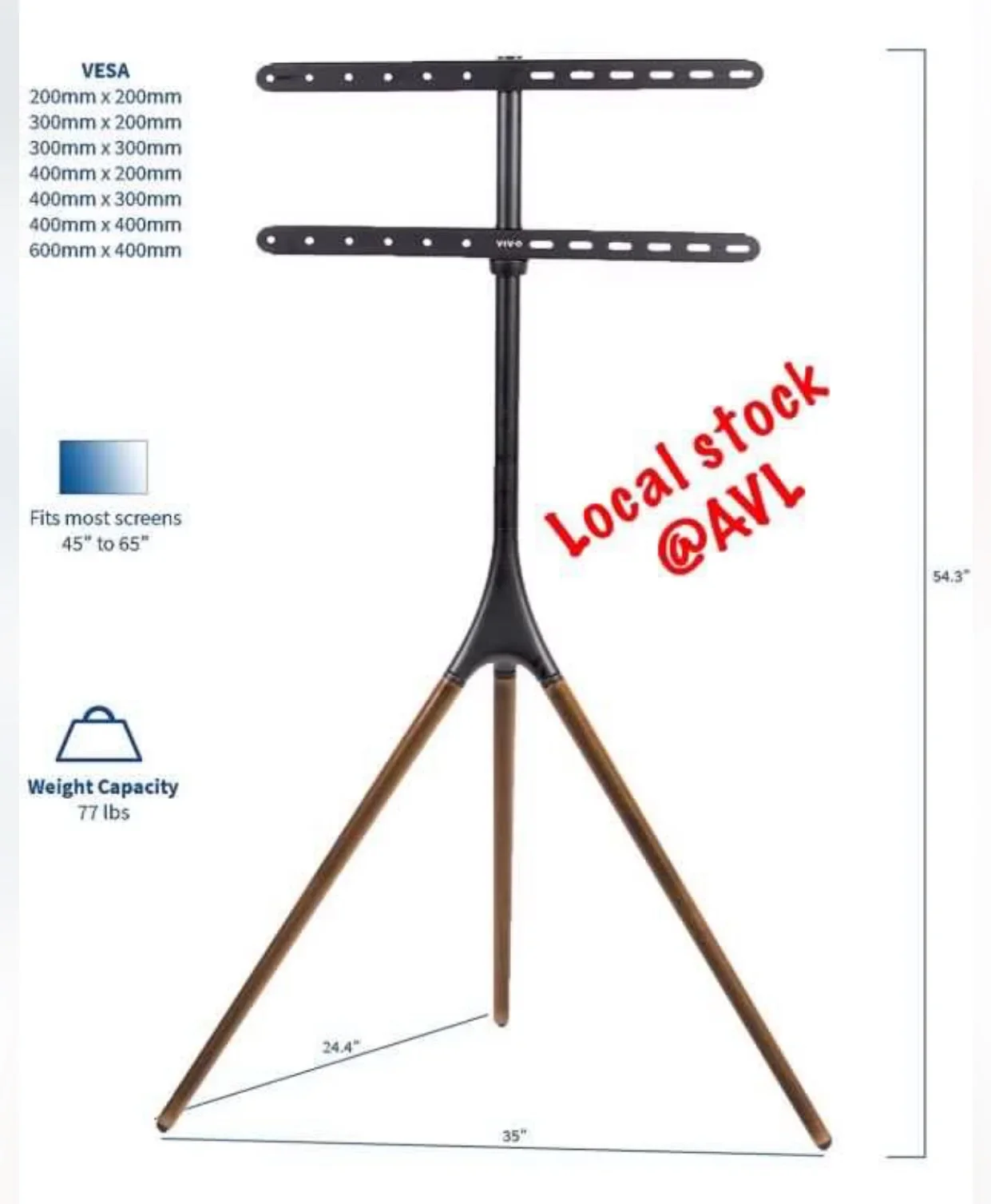TV floor stand , Tripod TV Stand , Designer TV Stand , Office TV stand , for up to 24" to 65" TV , VESA 100 x 100 to 400 x 400 , 50 Kg Max Load