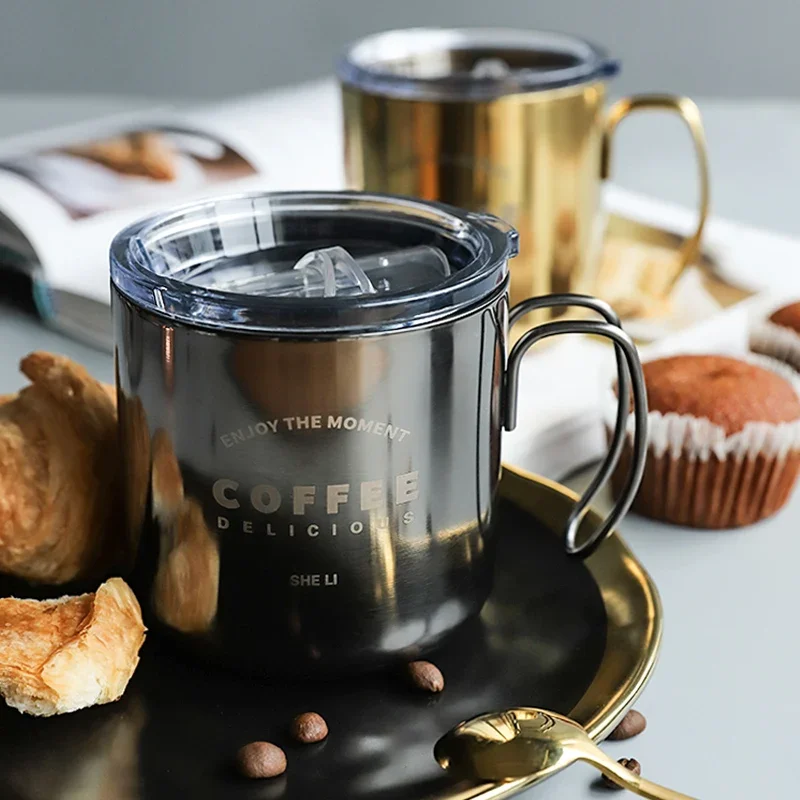 Nordic Retro Metal Double 304 Stainless Steel Coffee Mug Creative with Cover Office Milk Breakfast Cup