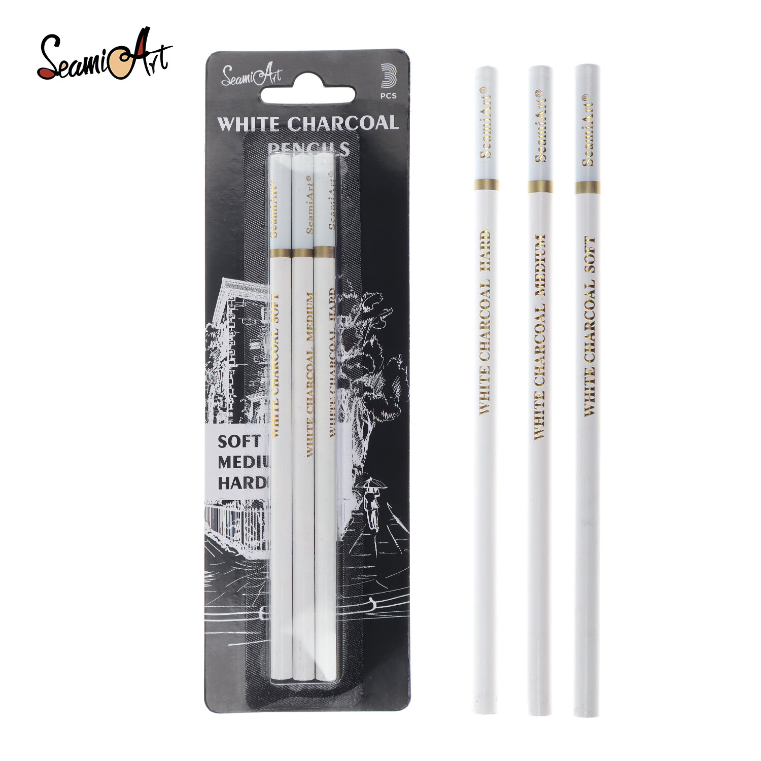 SeamiArt 3Pcs White Soft/Medium/Hard Charcoal Pencil for Sketch Carbon Pen Sketch Art Tools Office School Supplies Pencils