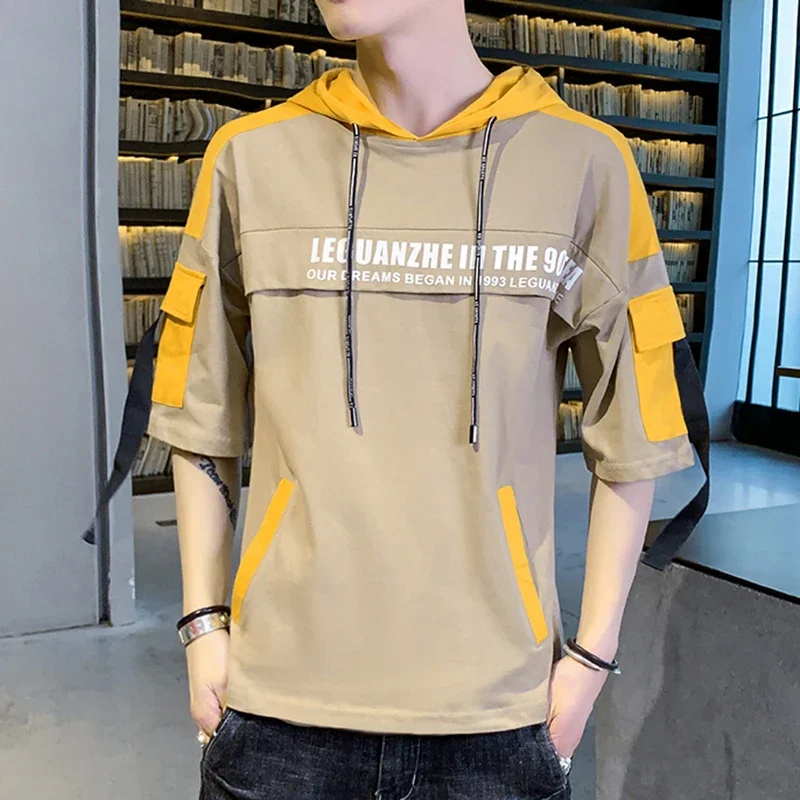 Men's Short Sleeve Summer Youth Hong Kong Style Hoodie Half Sleeve T-shirt Men's Ins Fashion Brand Half Sleeve Students Top Clothes