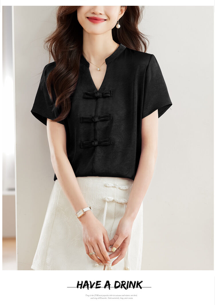 New Chinese Style Short Sleeve Shirt Women Summer 2025 New Fashion Black Embroidered Top Ladies Small Shirt Upper Body