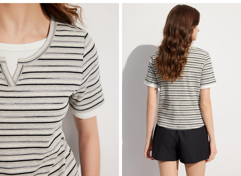 ELLE French Design Splice Color Striped Short Sleeve T-shirt for Women Simple Casual Summer 2024 New Arrival