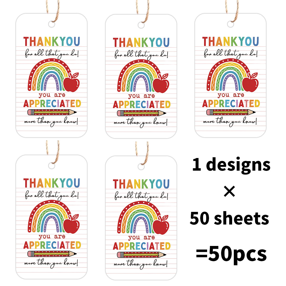 50pcs Thank You Tags With Hemp RopeFor Teacher Appreciation WeekGraduationBack-To-School GiftsTeachers Day Craft Projects