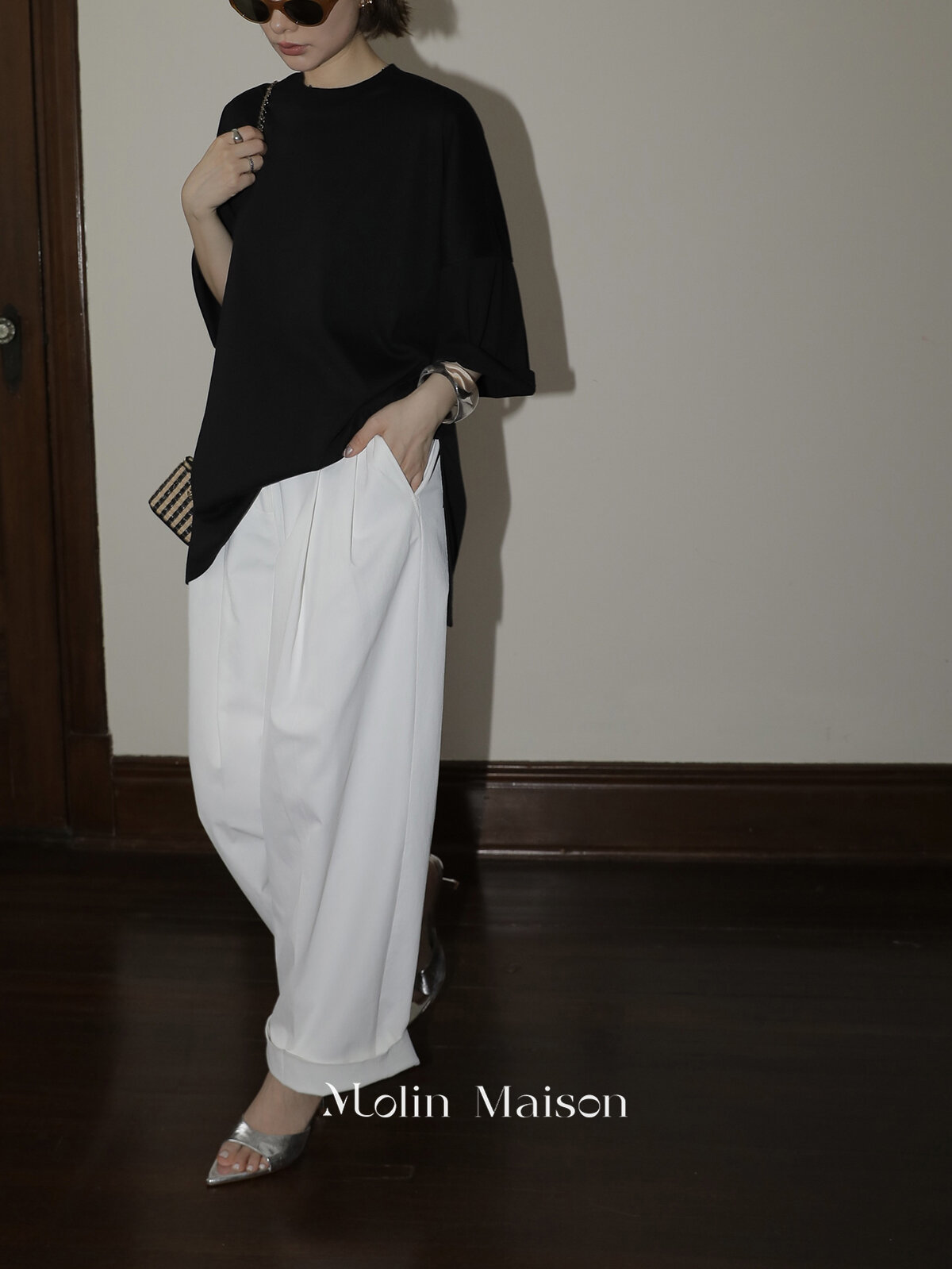 Molin ROW Batwing Sleeve T-Shirt Women's Loose Side Slit Oversize Summer Short Sleeve Cotton Polyester Blend round Neck Top