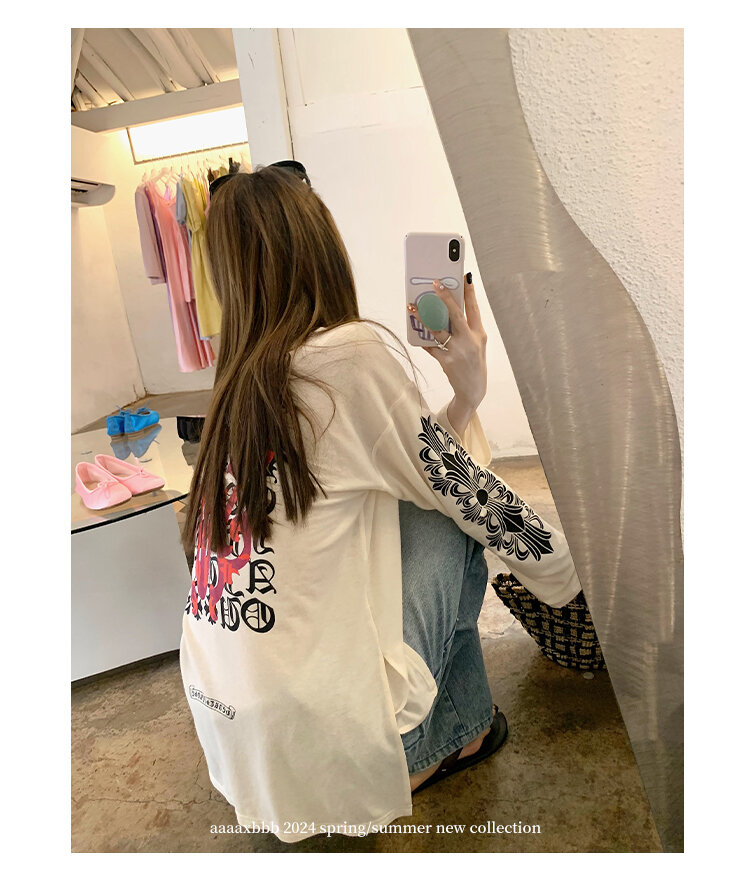 Aaaaxbbb กางเกงขายาวทรงหลวมสีน้ำเงินยีนส์ฟอกสไตล์เรโทรเอวสูงรัดรูปรุ่น April Contracted Jeans