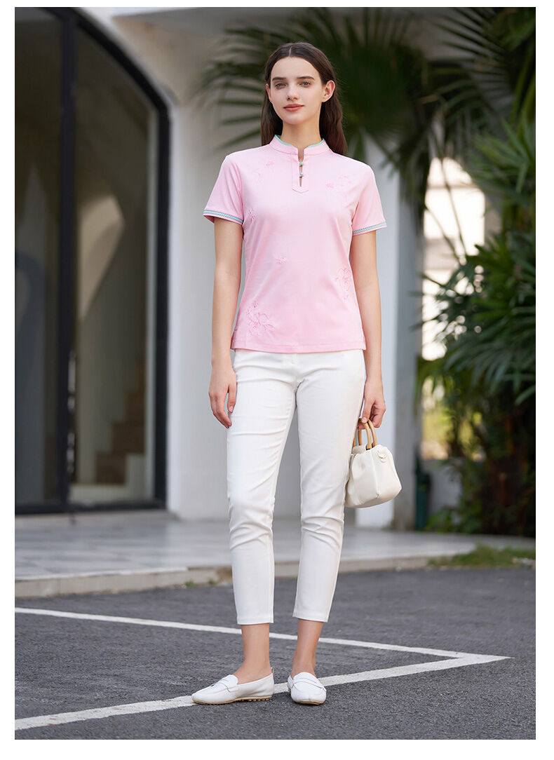 Versino, haftowana koszulka polo z krótkim rękawem w stylu chińskim, damska lato New Arrival, uniwersalna, codzienna bawełniana, smukła krój
