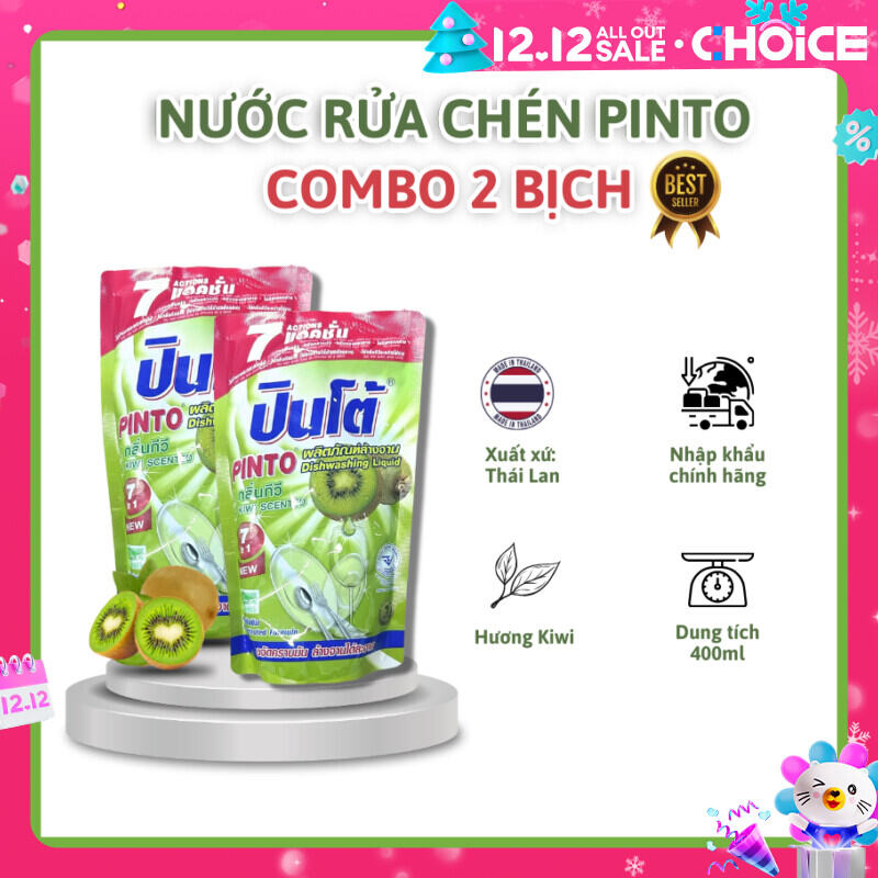 COMBO 2 Nước rửa chén đậm đặc Thái Lan PINTO kiwi 400ml không khô da tay ít bọt - túi