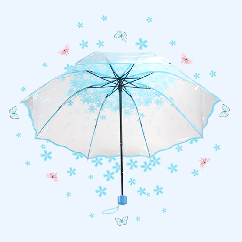 ThreeFold Japanese Cherry Blossom Transparent Umbrella Rain Or Shine DualUse Female Korean